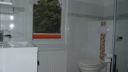 Badezimmer mit Dusche und WC.