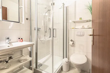 Badezimmer mit Dusche, Waschbecken und WC im Obergeschoss