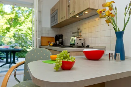 Wohn-, Ess- und Kochbereich mit Terrasse