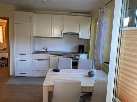 Küchenzeile im Wohnzimmer und Durchgang zur Terrasse