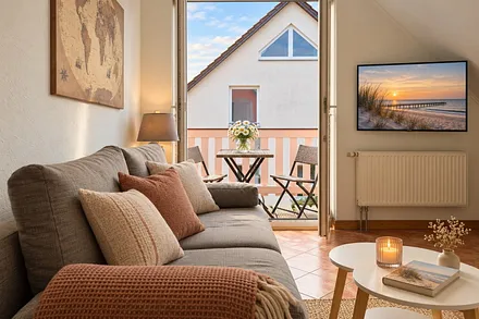 Wohnzimmer mit Balkon und Flachbild-TV.
