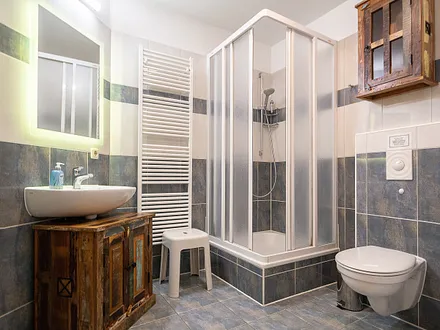 Das Bad mit Dusche und WC