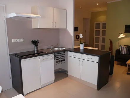 Kleine, voll ausgestattete Küche mit 2-Platten-Induktionskochfeld, Dunstabzug, Kühlschrank/Eisfach, Geschirrspüler, Mikrowelle/Heißluft/Grill-Kombigerät, Kaffeemaschine, Wasserkocher, Toaster u.v.m.