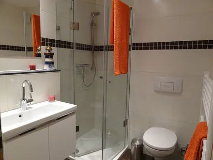 renoviertes Bad, Echtglasdusche mit niedrigem Einstieg, WC, Föhn und viel Ablagelagemöglichkeiten