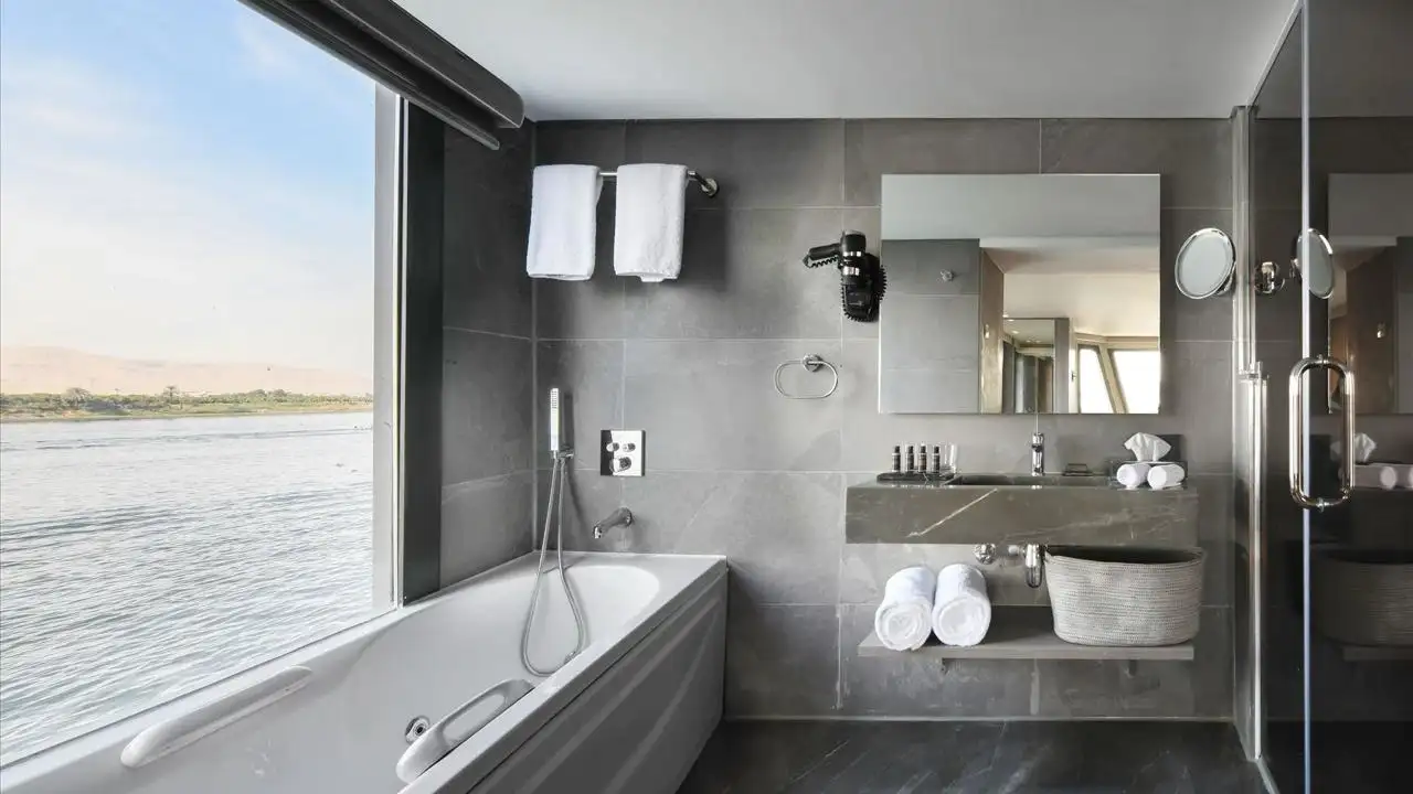 the bathroom by the nile view on Historia Nile Cruise, Historia Nile Cruise
