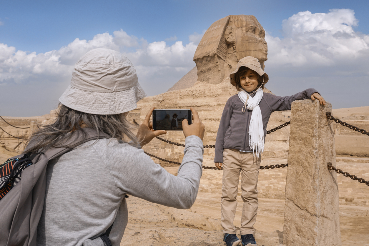 mother taking selfie of son at the great sphinx of Giza, Trip to Egypt
