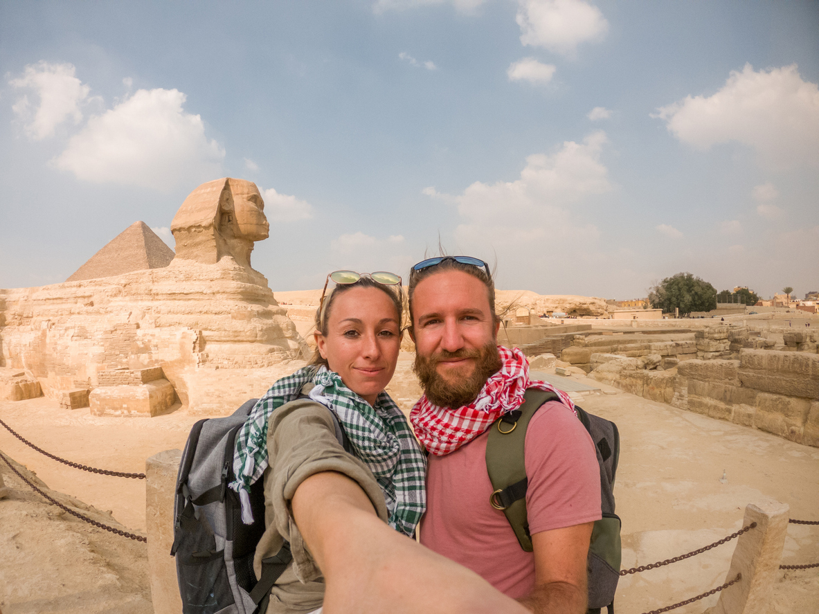 Cairo and Jordan Tour Couple take selfie at the Pyramids, Cairo and Jordan Tour