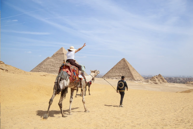 Una donna su un Cammello nel Deserto verso le Piramidi di Giza, la piramide di chefren