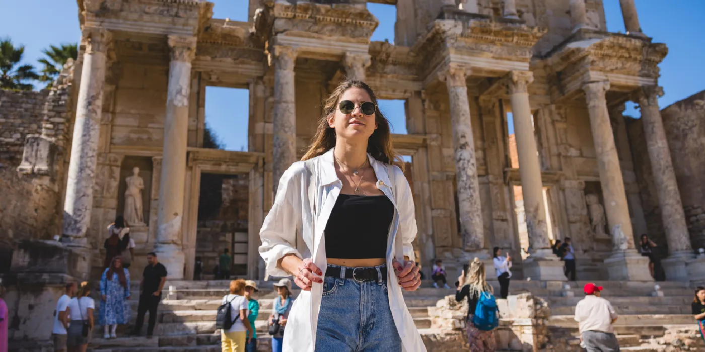 Traveler at Ephesus’s Library of Celsus, full of wonder.