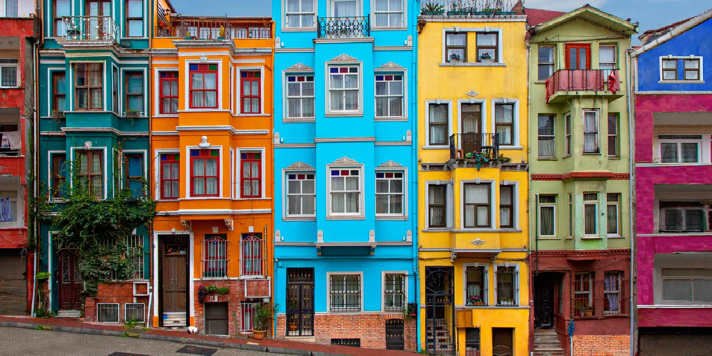 Colorful historic houses in Balat, Istanbul.