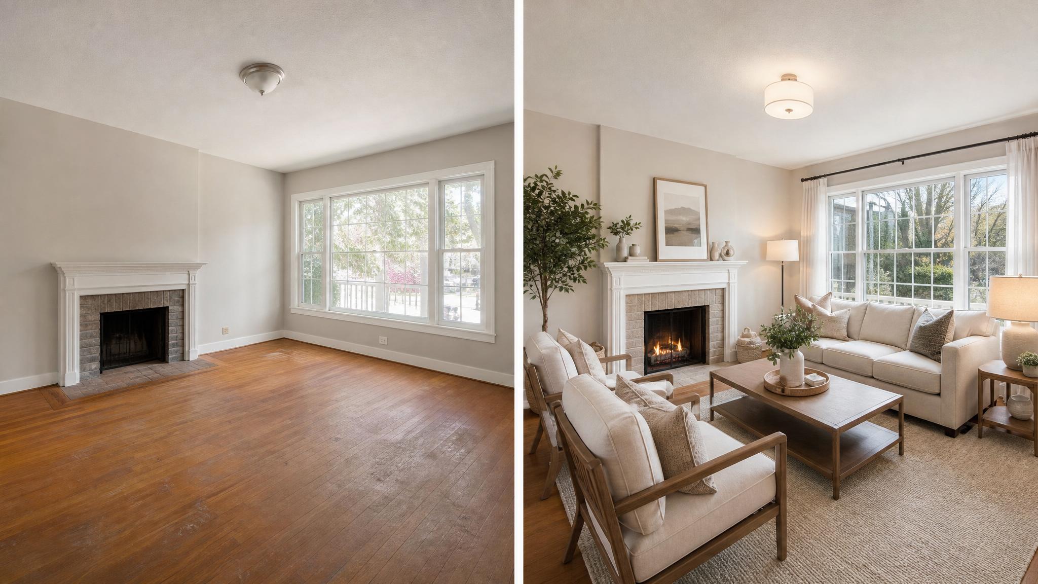 Before and after image of a small living room transformation