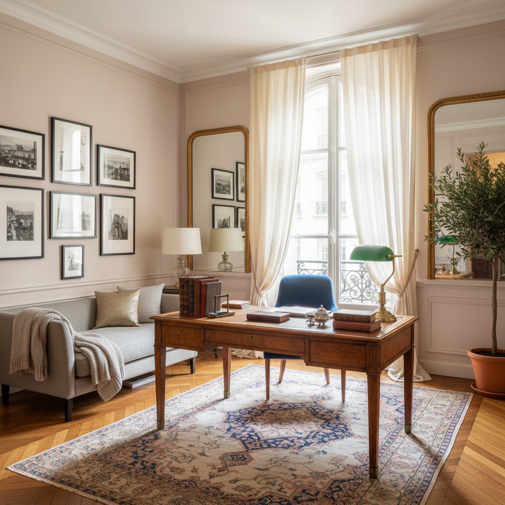 A sophisticated Parisian home office featuring vintage furniture, soft textures, and a chic color palette.
