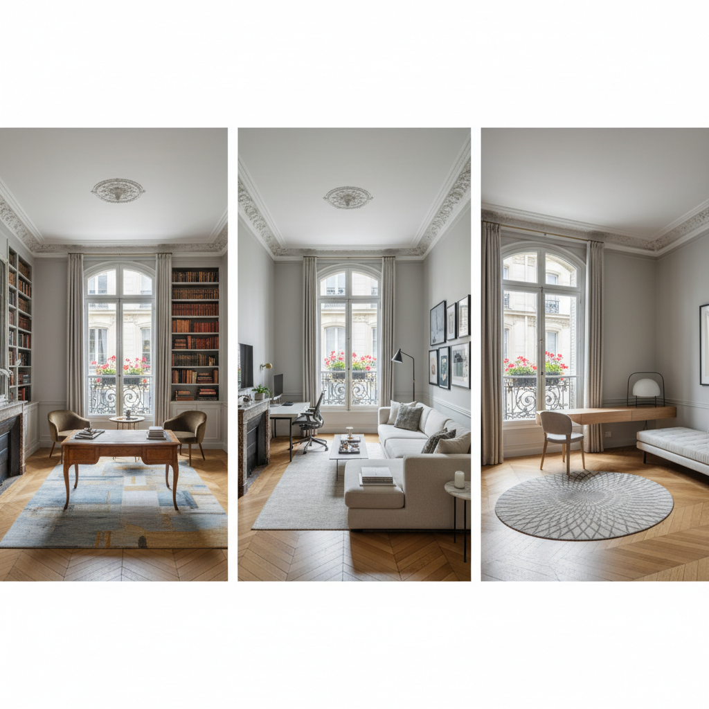 An AI-generated design of a Parisian home office, showcasing various layout options.