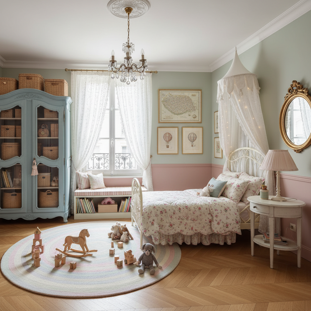 Image of a beautifully designed Parisian kids bedroom featuring pastel colors and vintage furnishings.