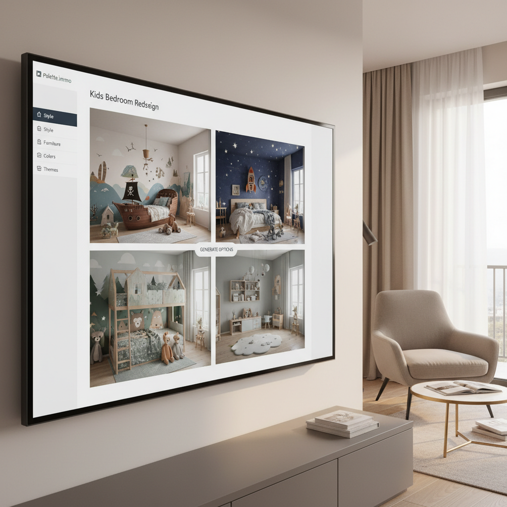 Screenshot of Palette.immo's AI interface showcasing design options for a kids bedroom.