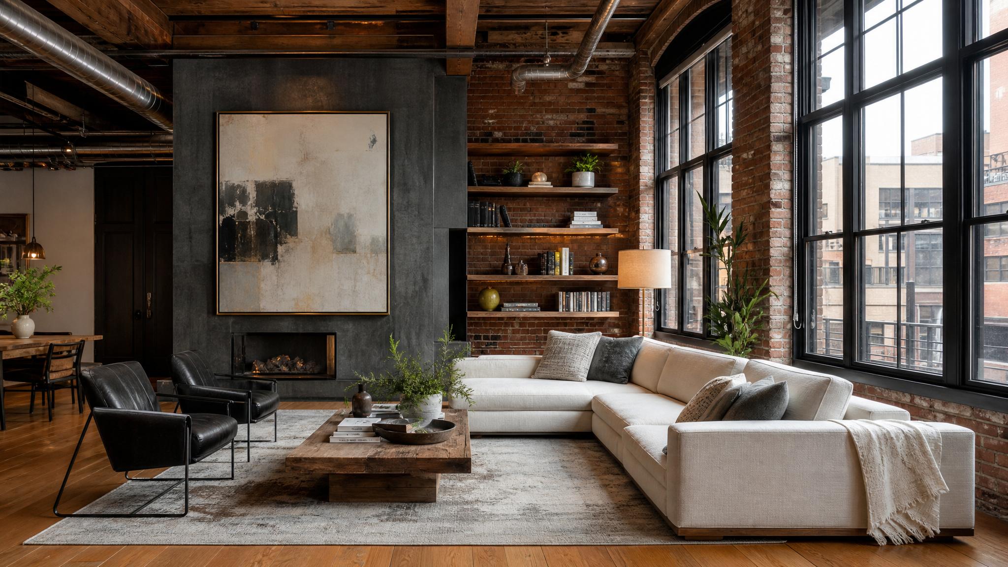 A stylish urban loft living room with industrial features and cozy decor.