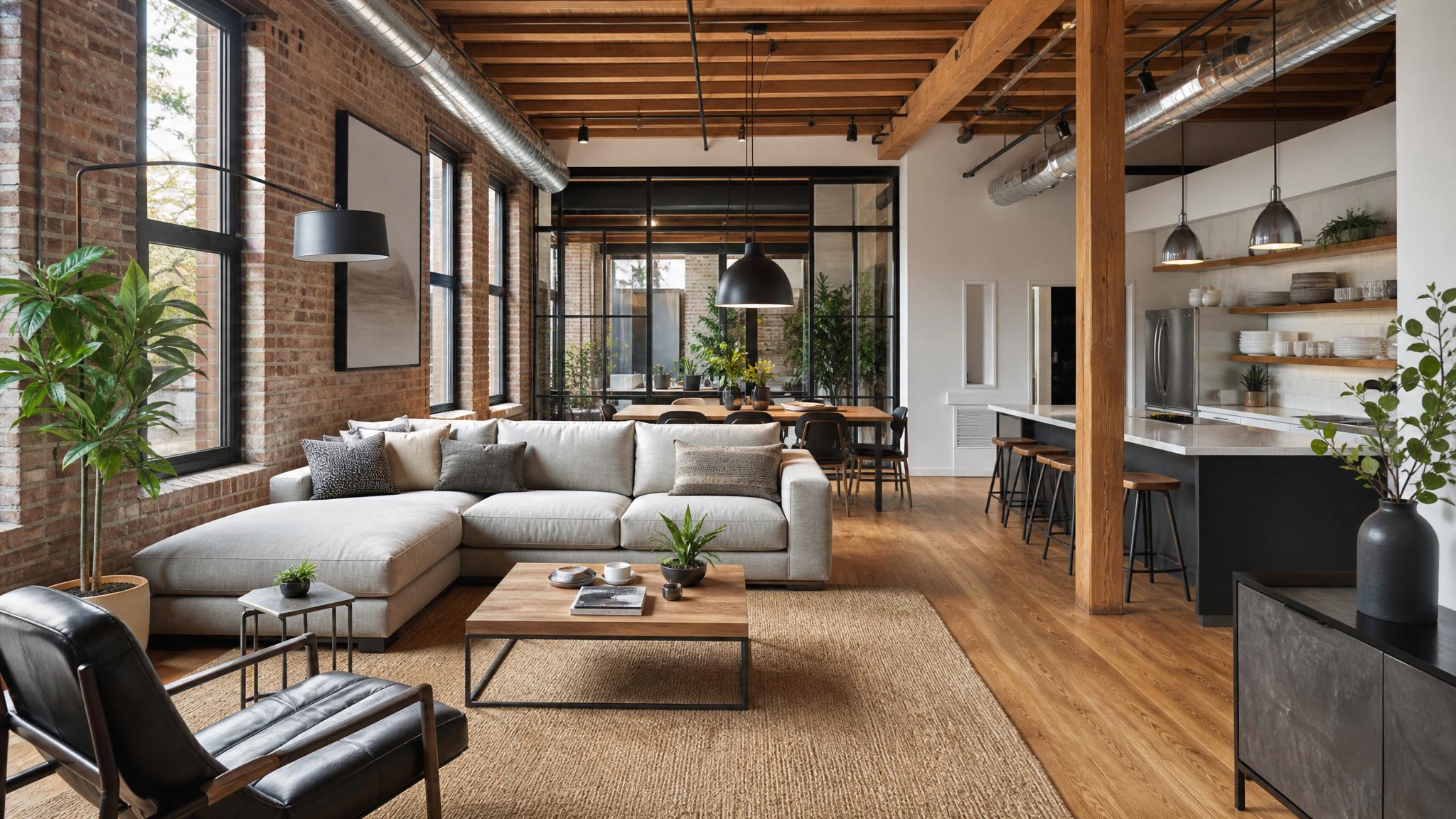 An open-plan living area showcasing furniture arrangement in an urban loft.