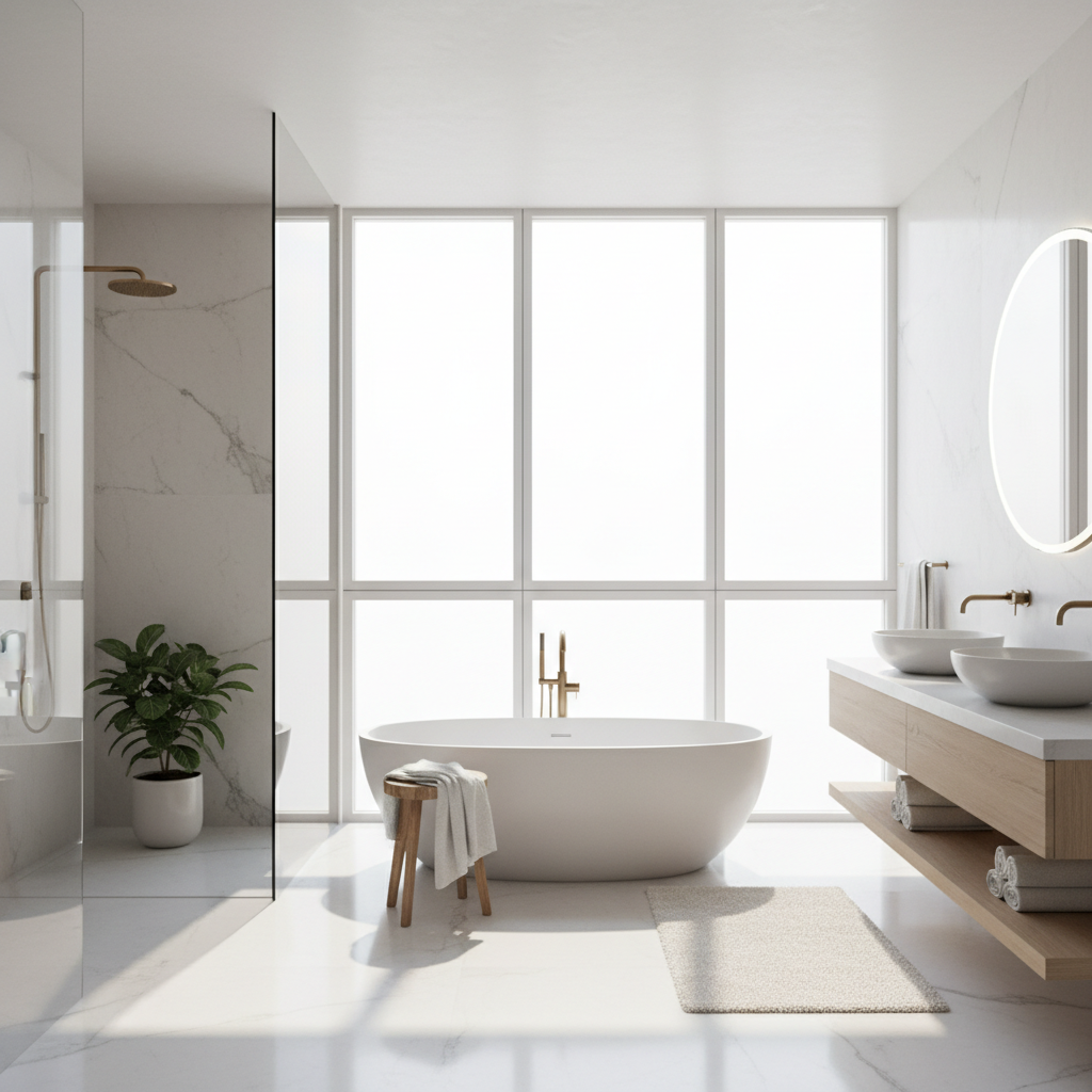 Image depicting a bright bathroom with natural light illuminating the space.