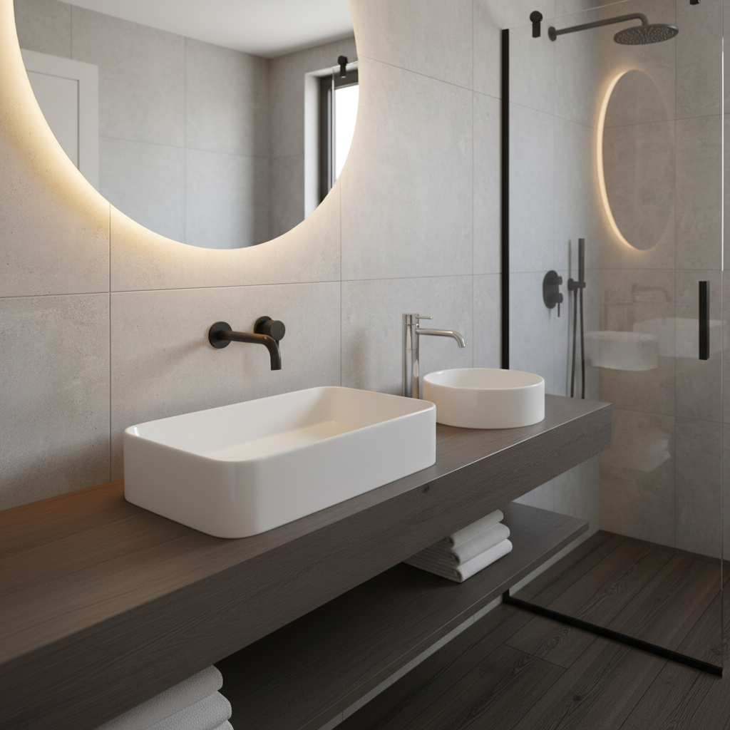 Close-up image of stylish bathroom fixtures.