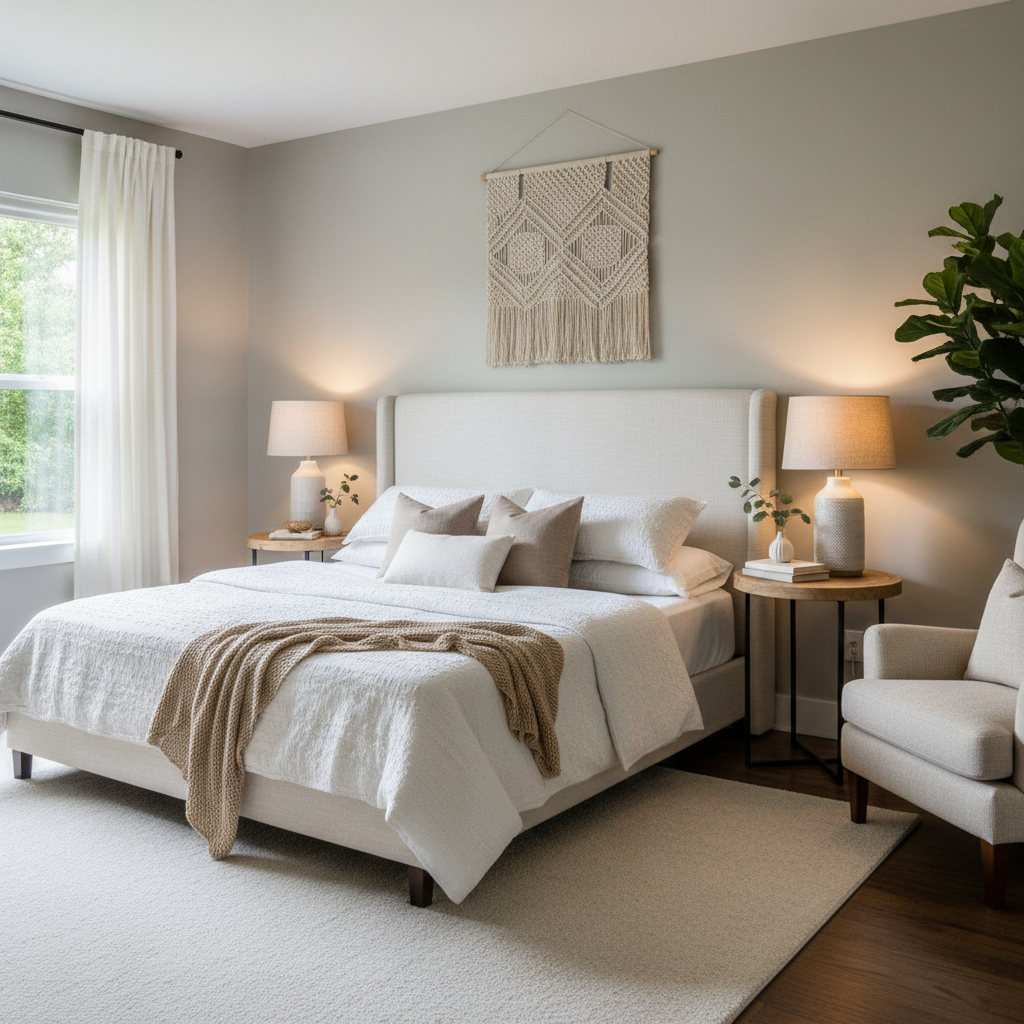 A beautifully staged bedroom showcasing neutral colors and tasteful decor.