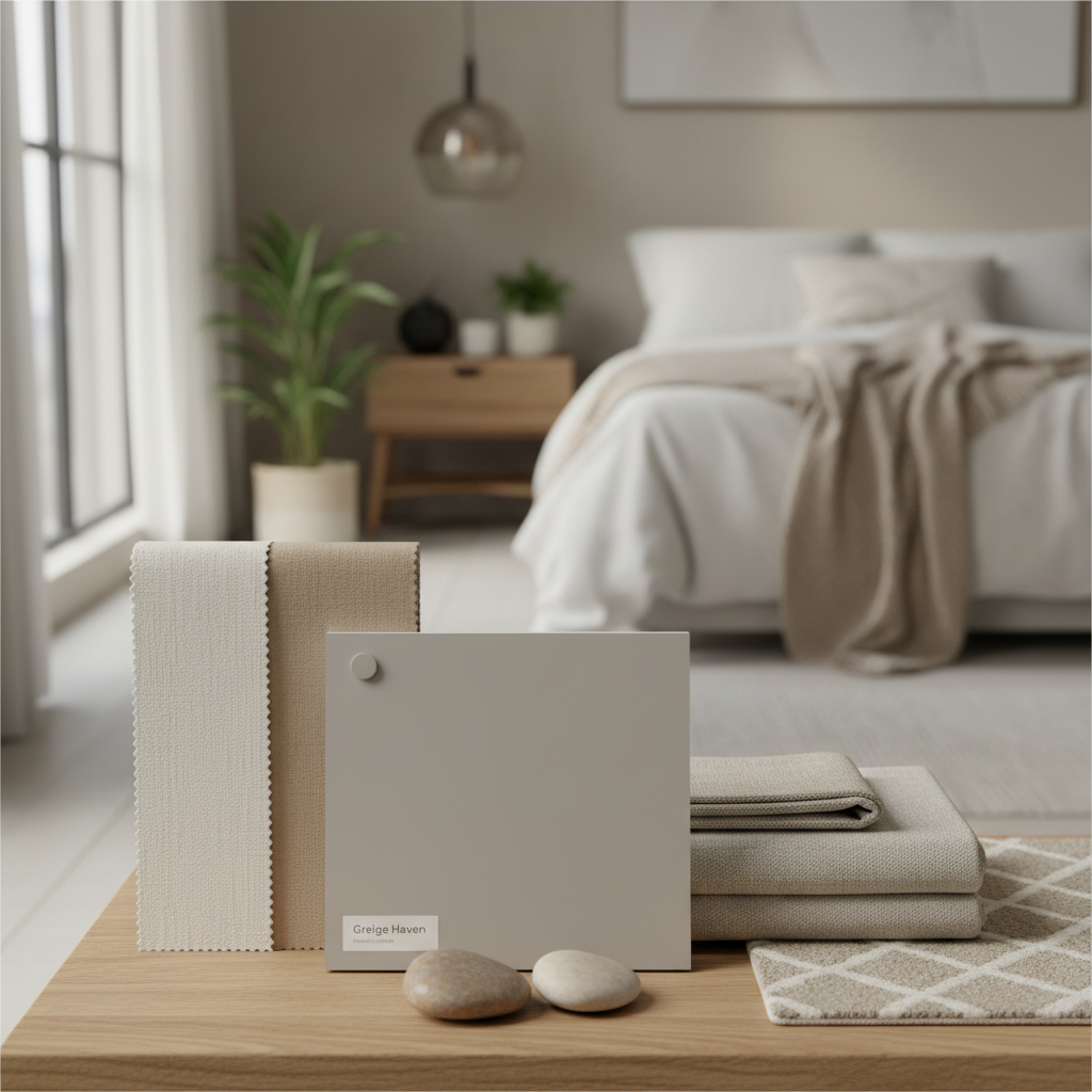 A color palette featuring neutral tones suitable for bedroom staging.