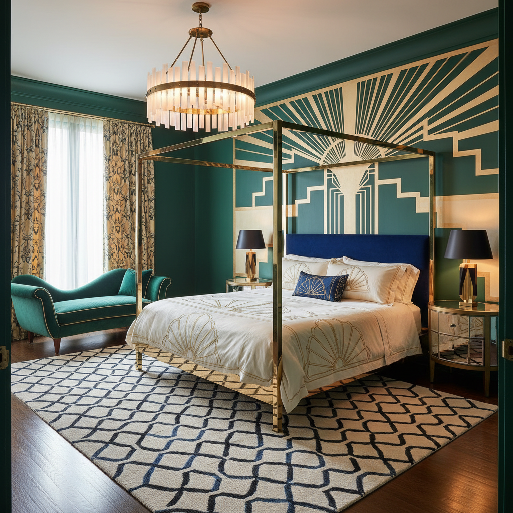 Art Deco bedroom with geometric patterns and elegant colors