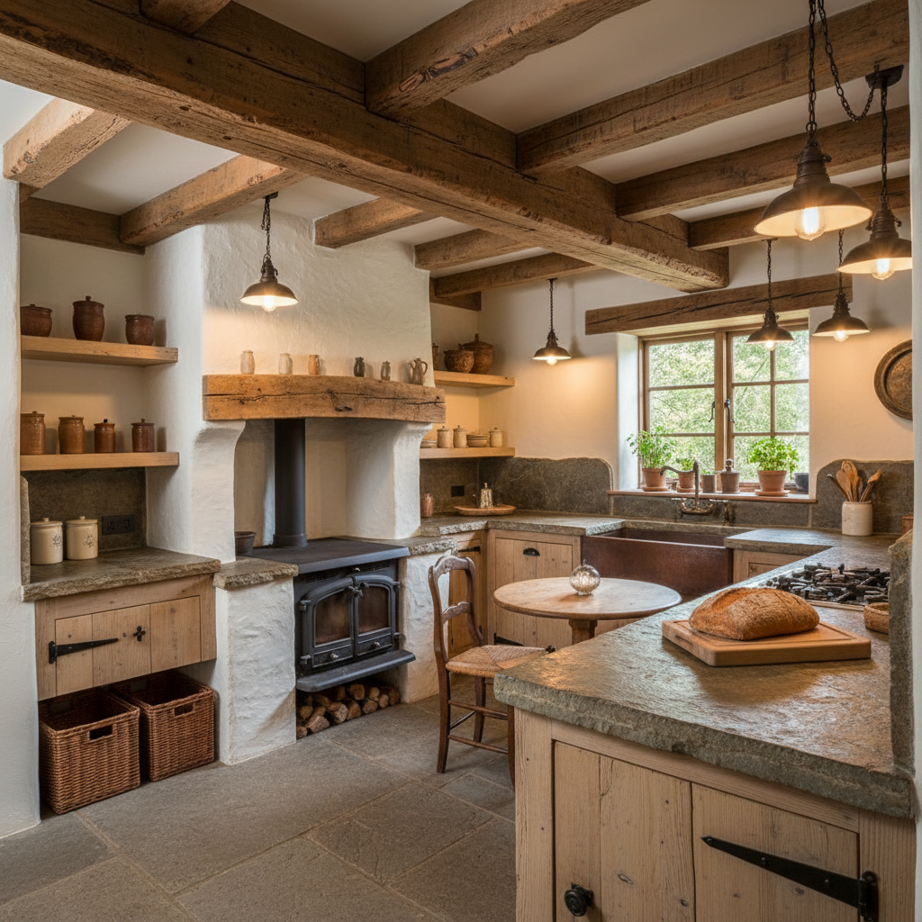 A small rustic kitchen featuring wooden beams and stone countertops.