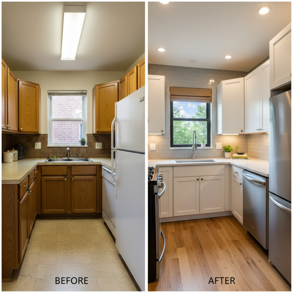 Before and after of a small kitchen design transformation.