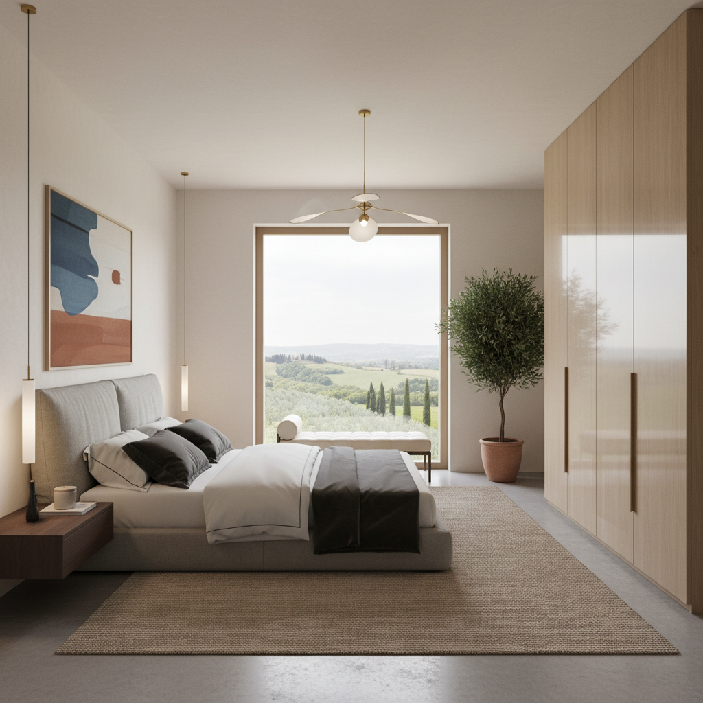 A beautifully designed Italian modern bedroom with minimalist furniture and elegant decor