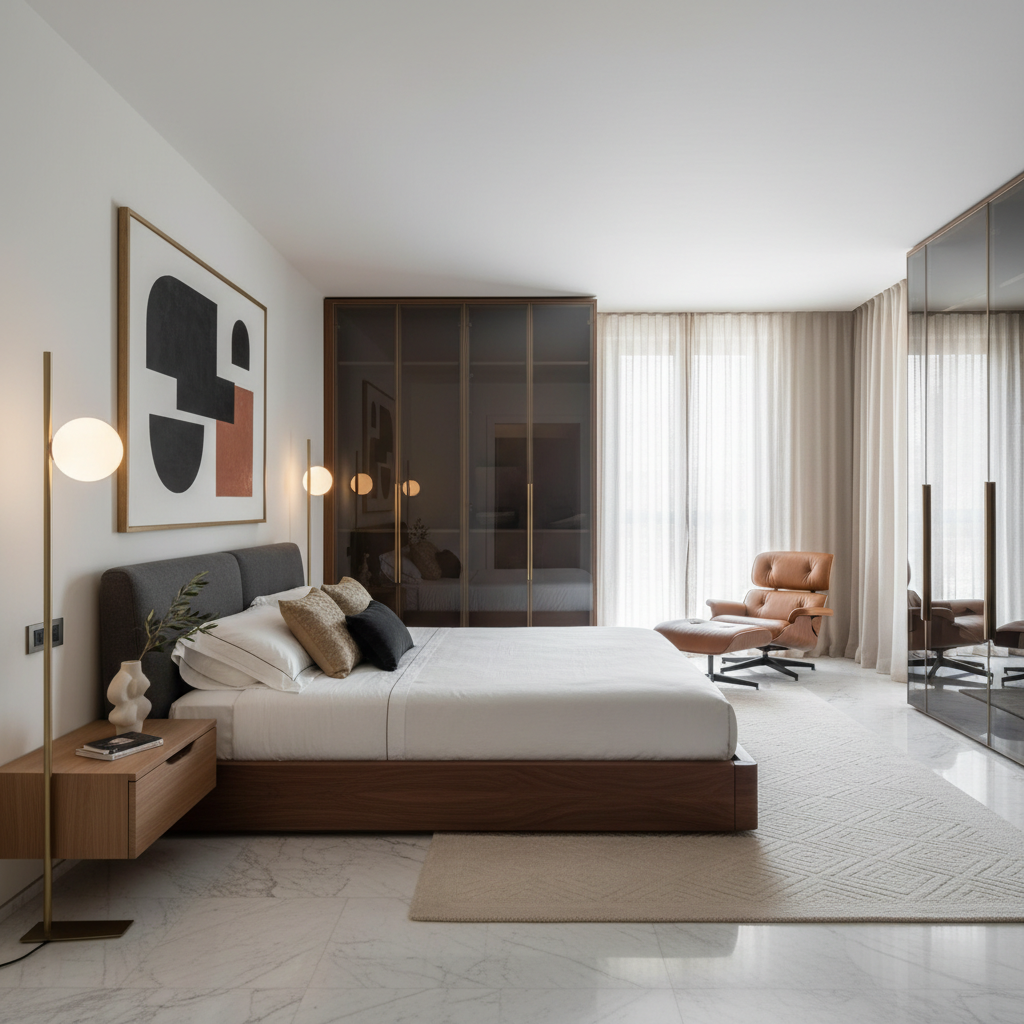 AI generated design of a modern Italian bedroom, showcasing sleek lines and elegant decor