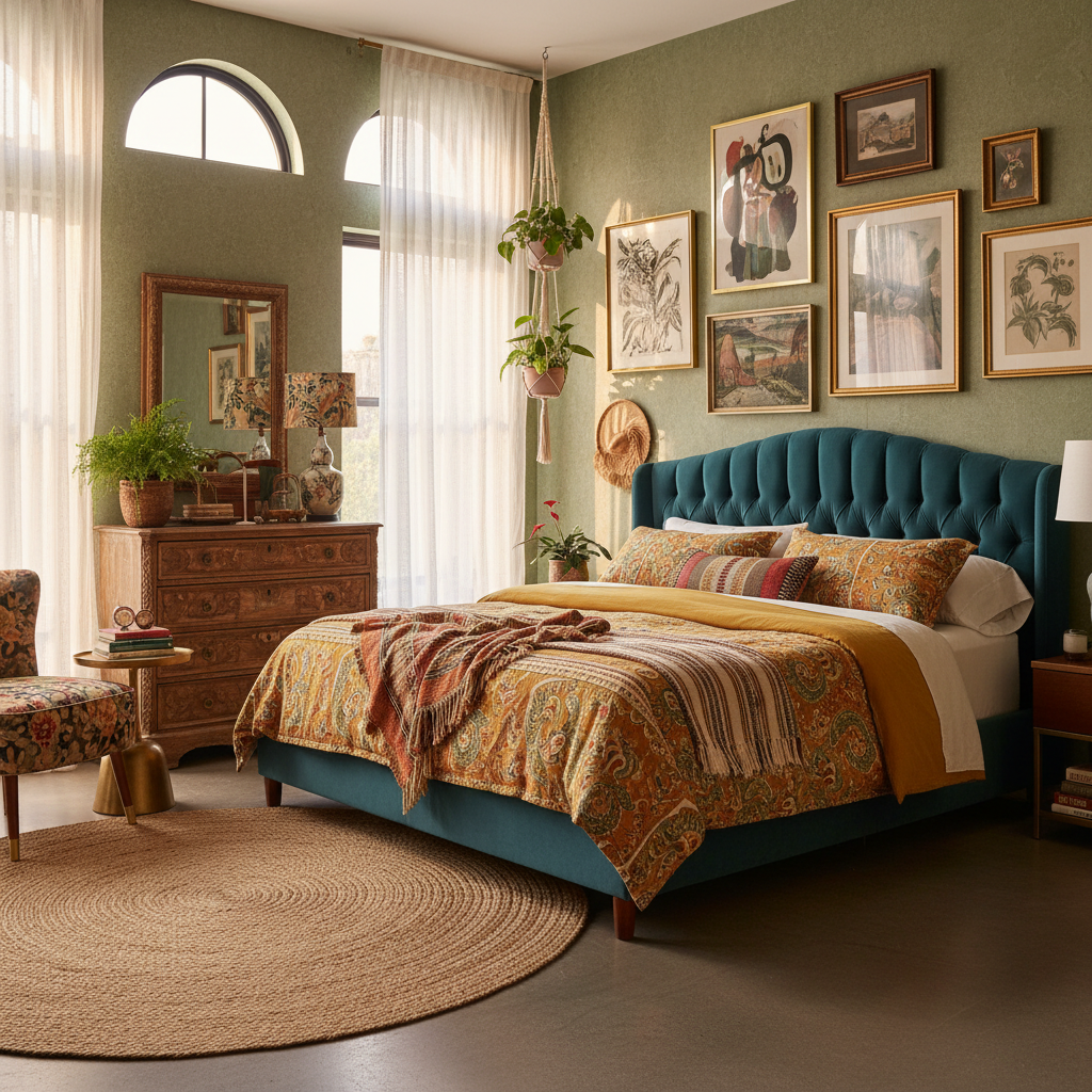 Image of an eclectic bedroom showcasing a blend of colors and styles