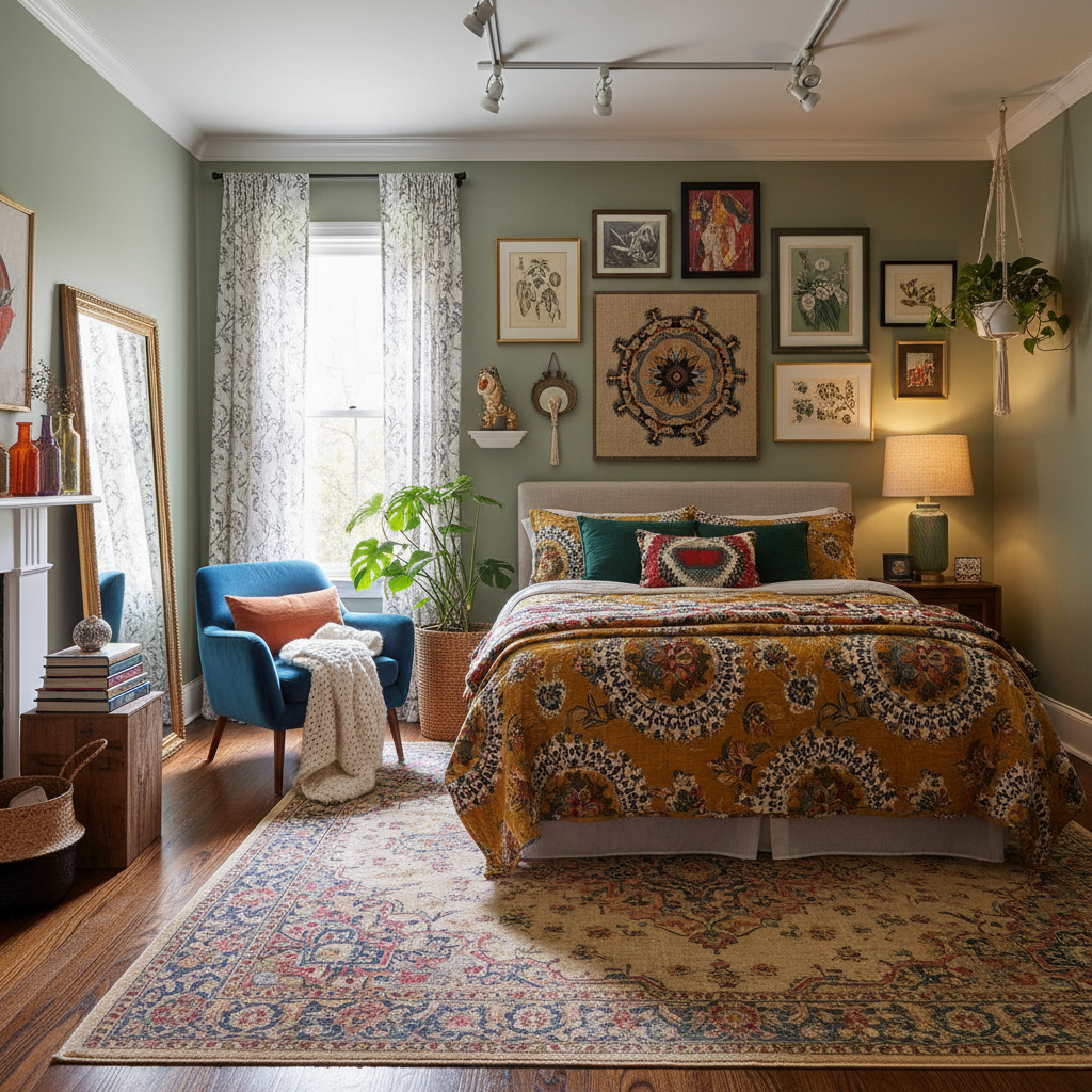 Image of a cozy eclectic bedroom with colorful wall art and unique decor pieces