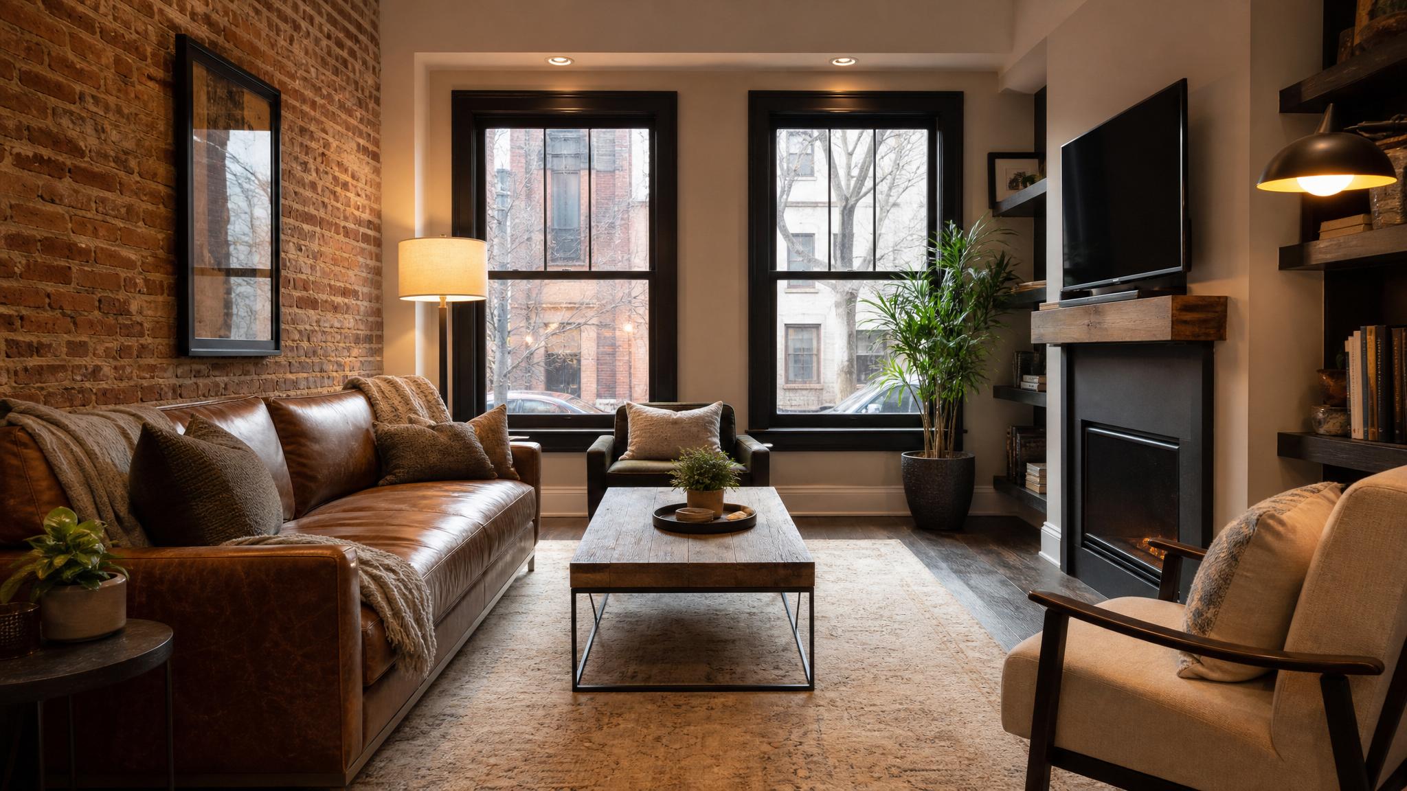 Layered lighting in a small industrial living room.