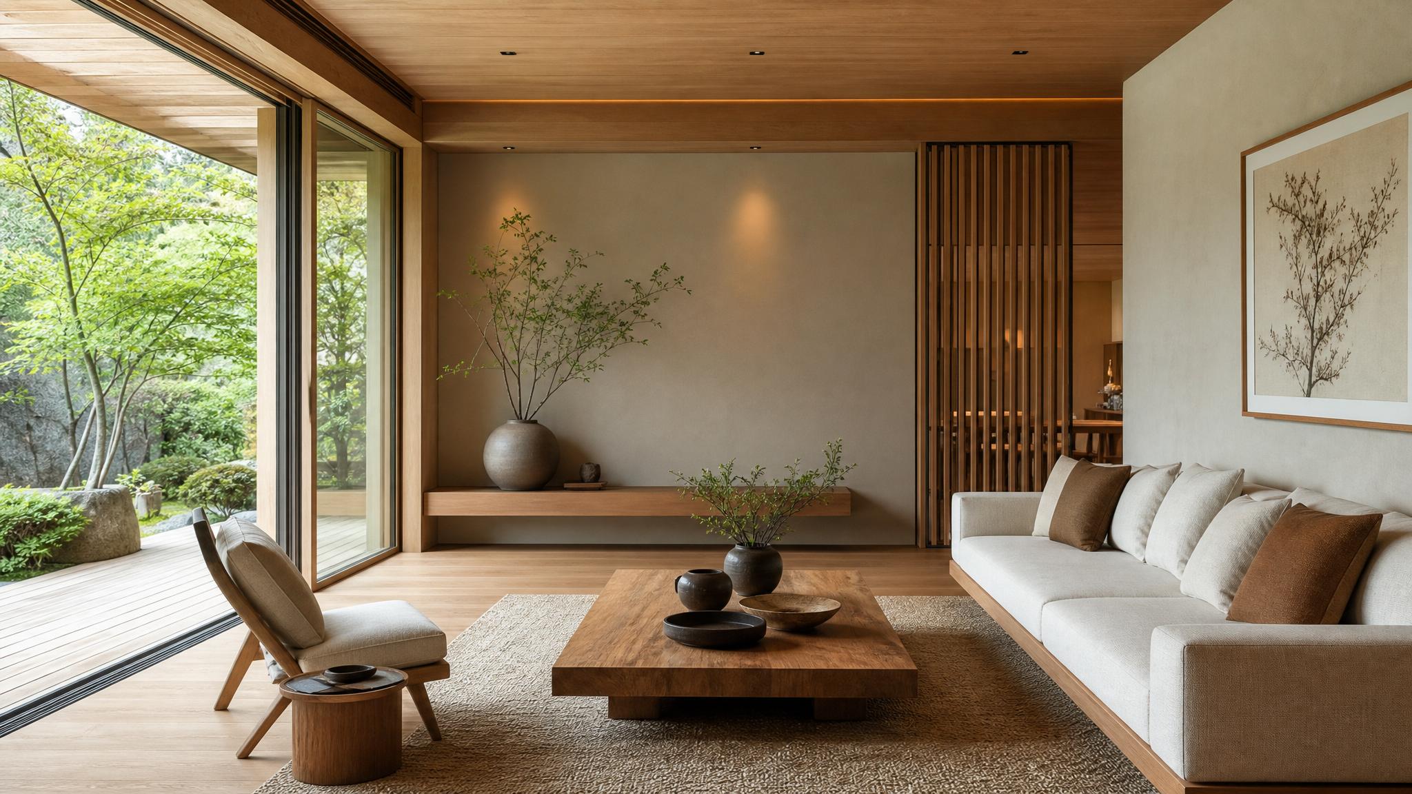 Zen living room design example with minimalist furniture and natural elements