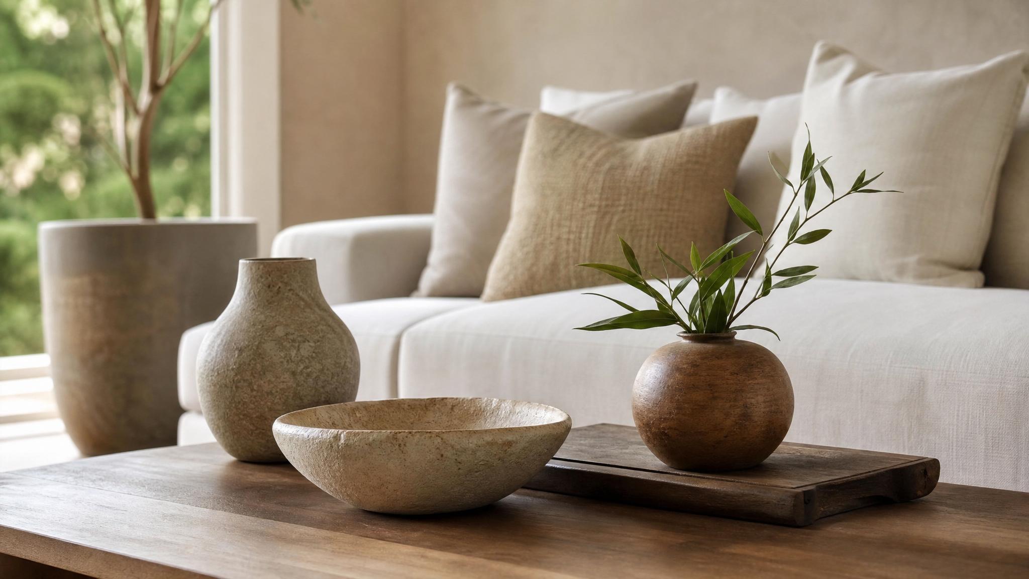 Close-up of natural materials and color palettes suitable for zen living rooms.