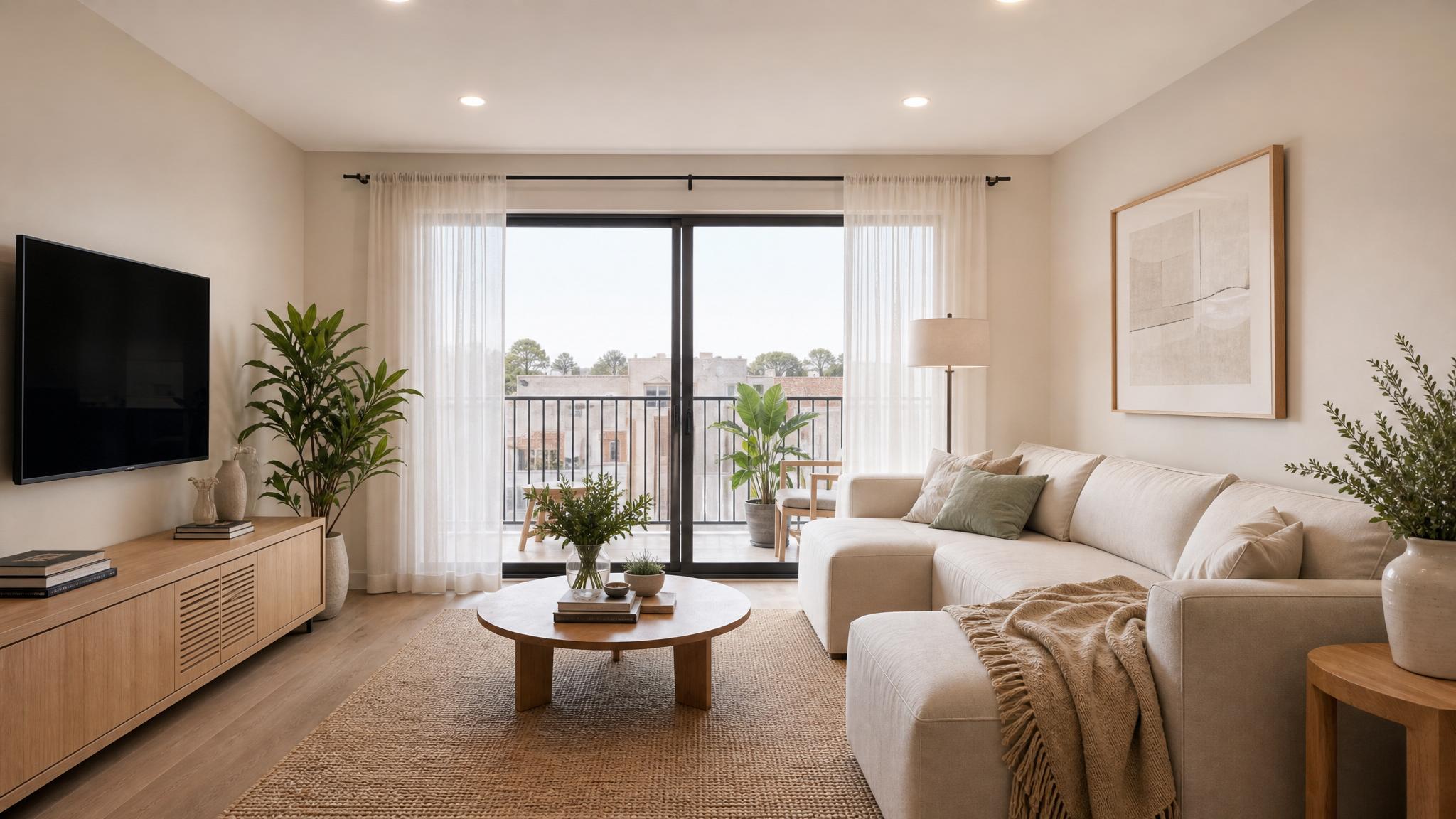 A serene minimalist living room with neutral tones and efficient use of space.