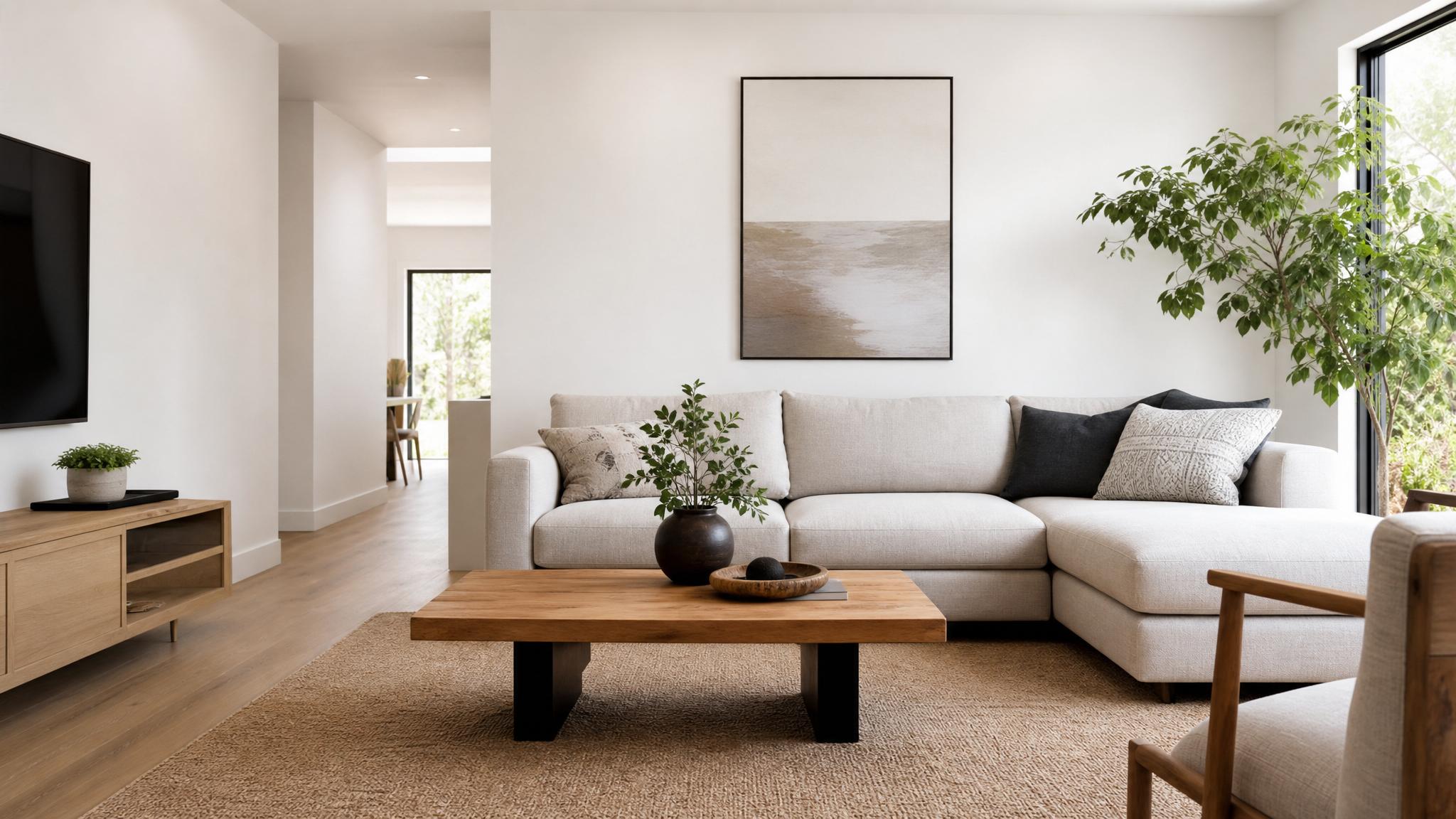 A minimalist living room layout with a sofa, coffee table, and small plants.