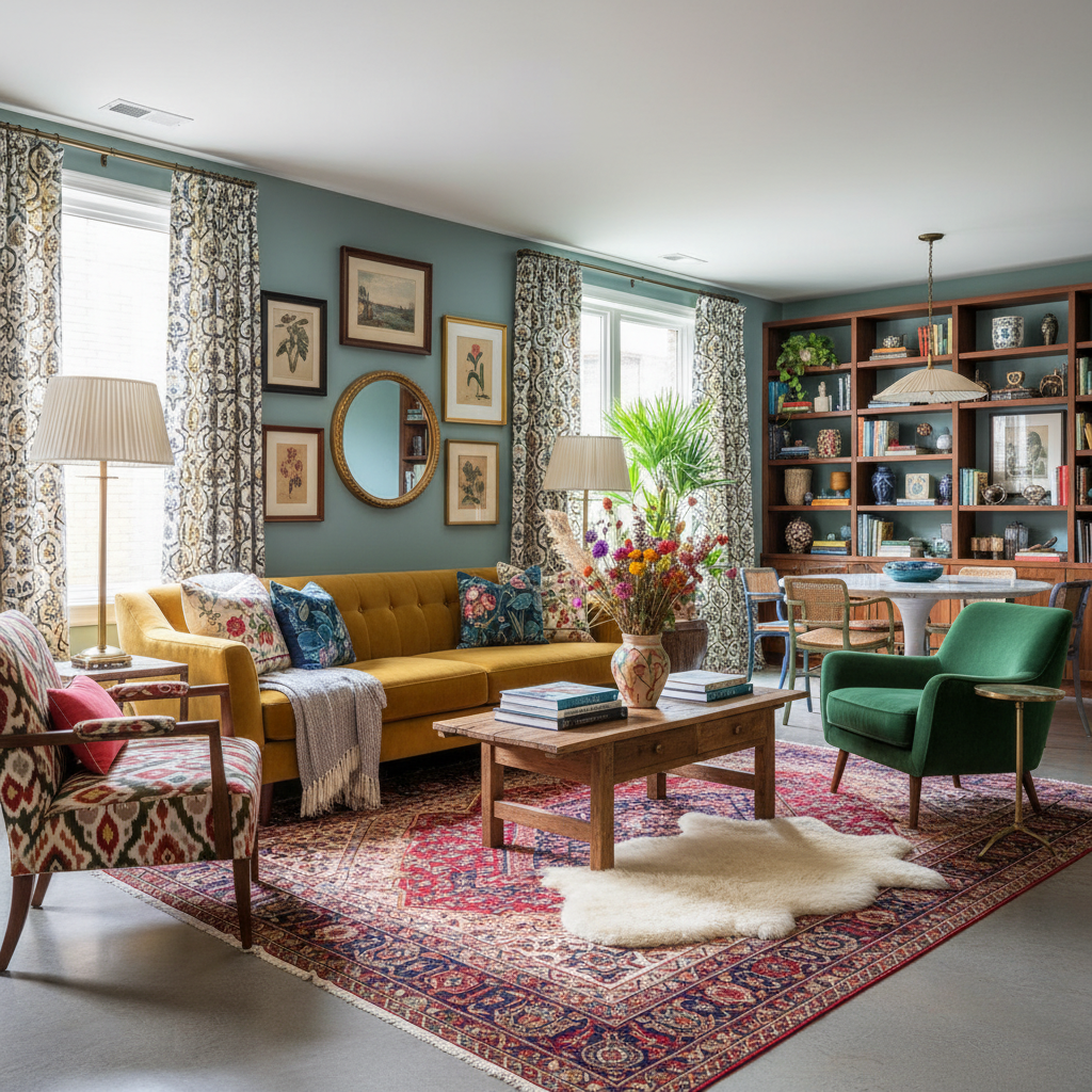 Eclectic open-plan living room showcasing a mix of colors and patterns