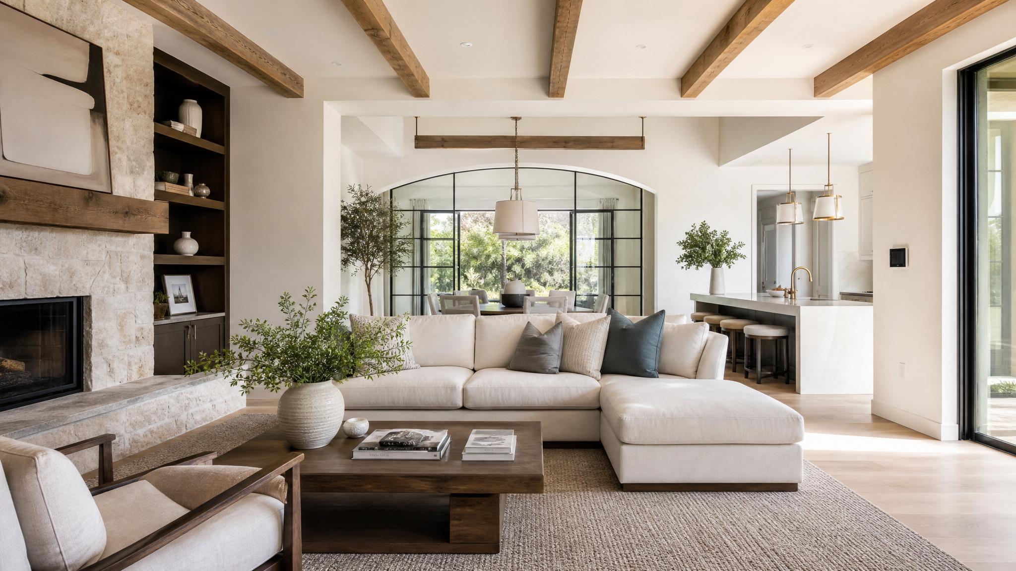 Image of an elegant open-plan living room showcasing quiet luxury.