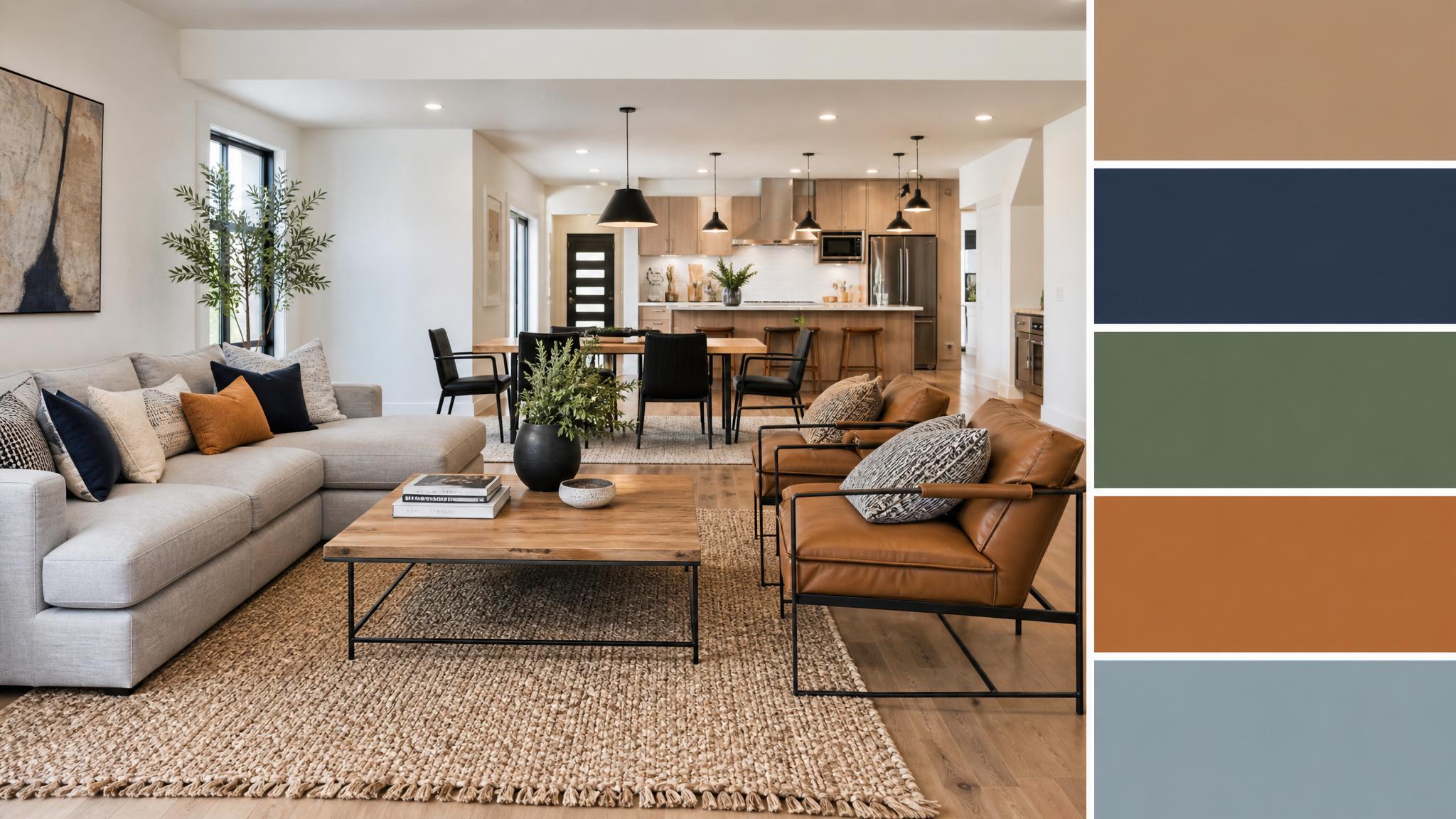 Image depicting various accent color swatches for open-plan living room.