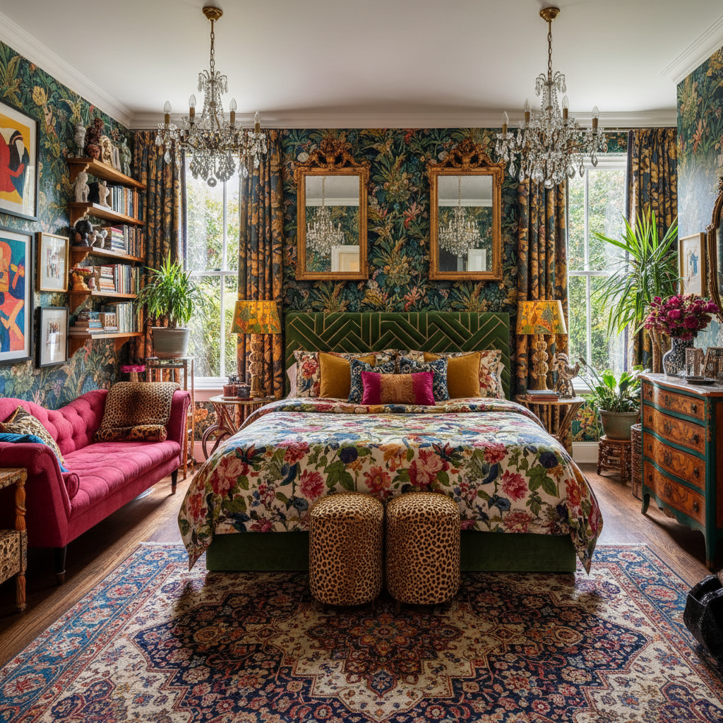 Show a maximalist master bedroom with bold colors and patterns.