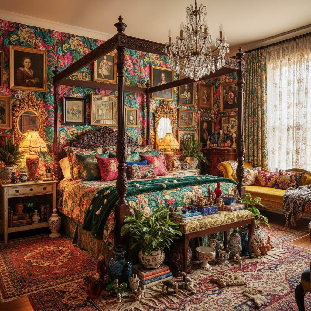 An AI-generated design of a maximalist bedroom with vibrant decor.