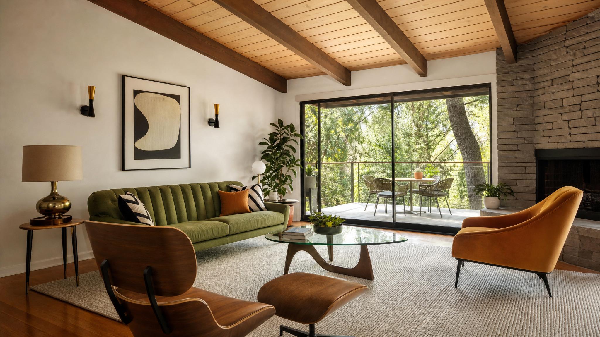 A beautifully designed mid-century modern small living room featuring iconic furniture pieces.