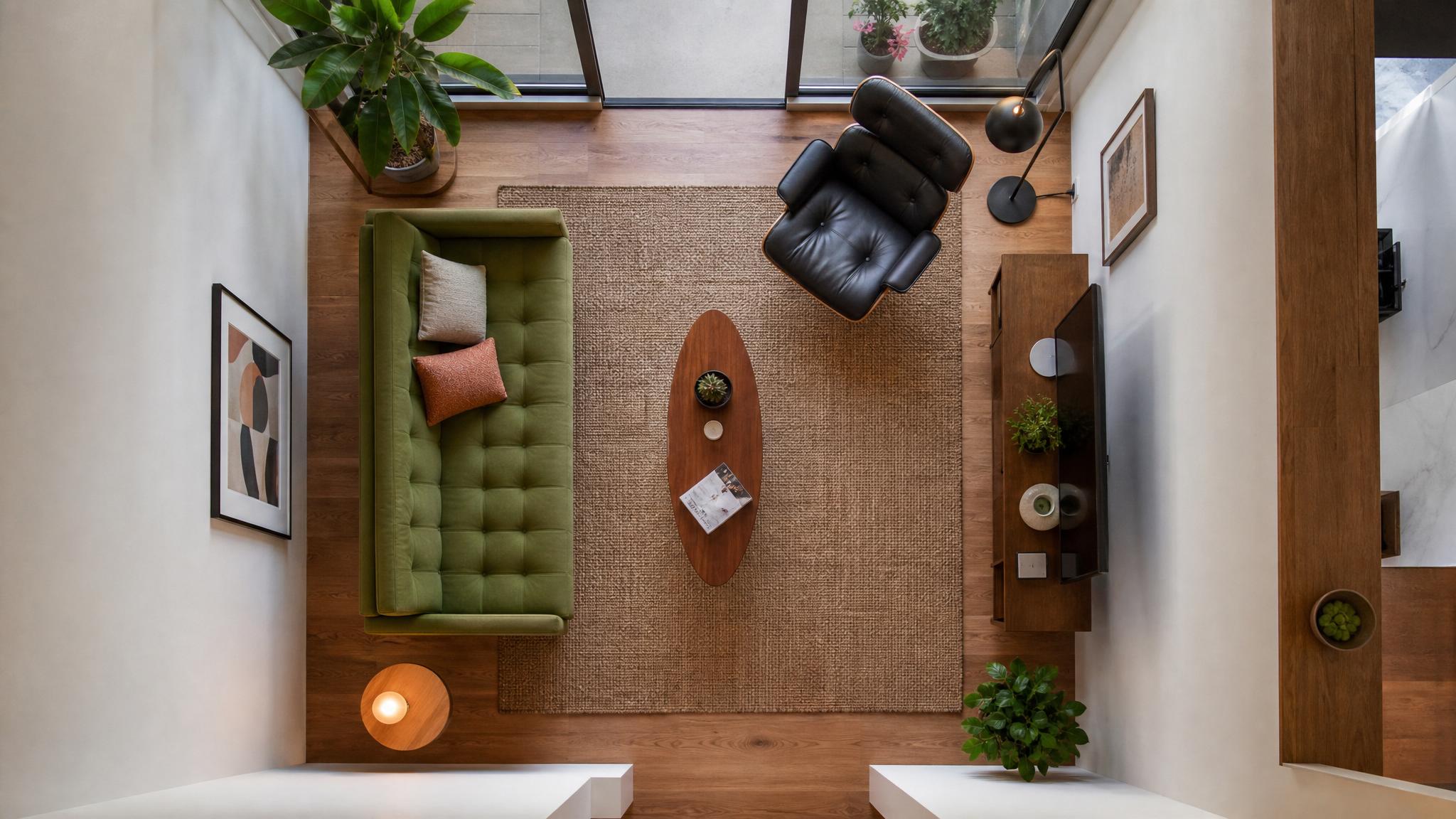 A layout diagram showcasing a small mid-century modern living room layout.