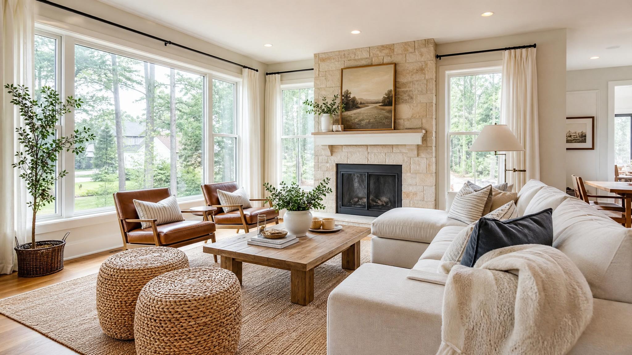 A bright living room filled with natural light, showcasing large windows and soft curtains.