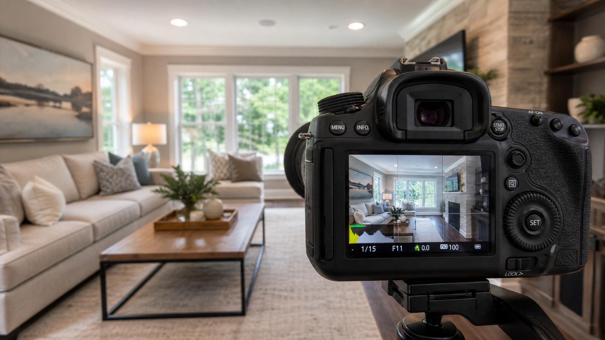 A camera showing settings adjustments for perfect exposure in a living room shot.