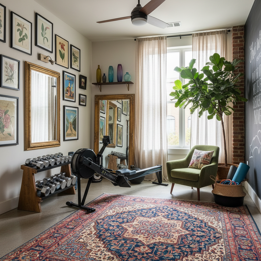 Image of a visually appealing eclectic home gym interior design.