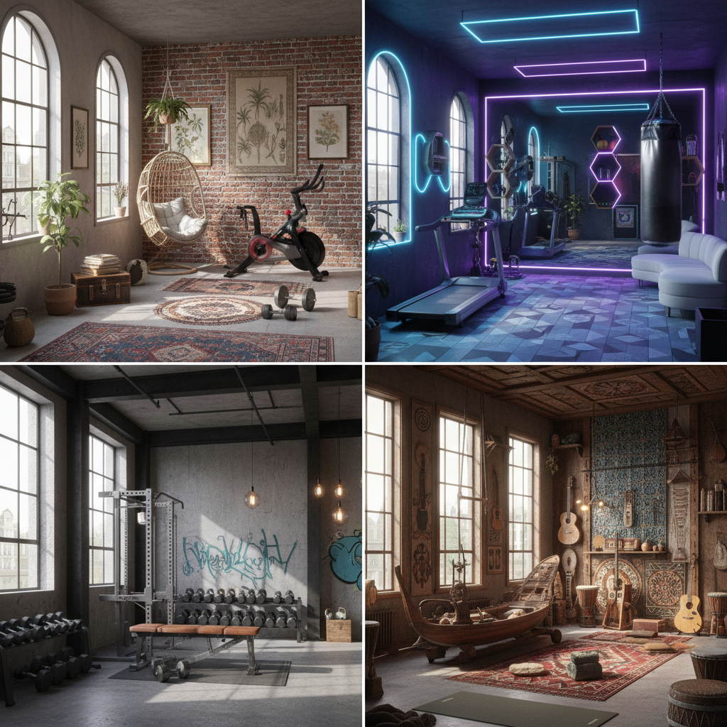 Image showcasing AI-generated eclectic home gym design options.
