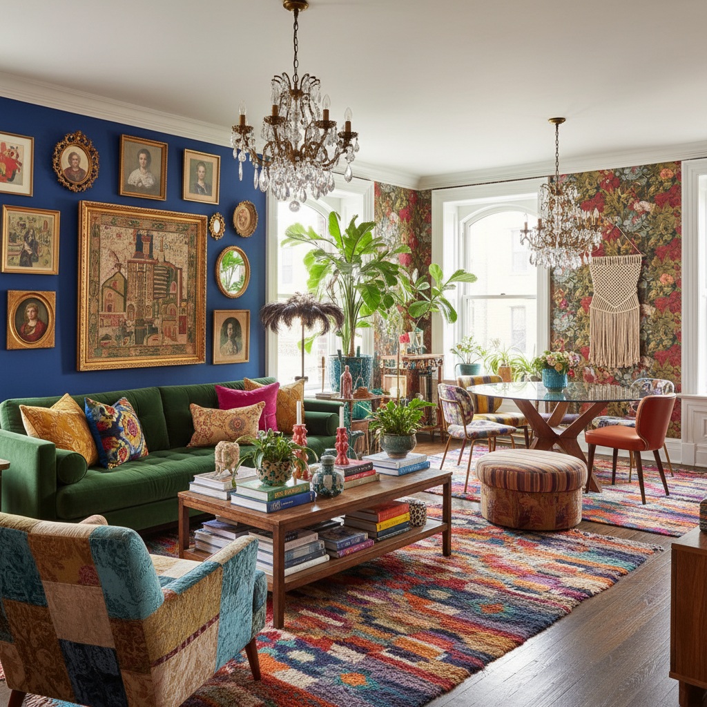 maximalist open-plan living room with bold colors and various textures