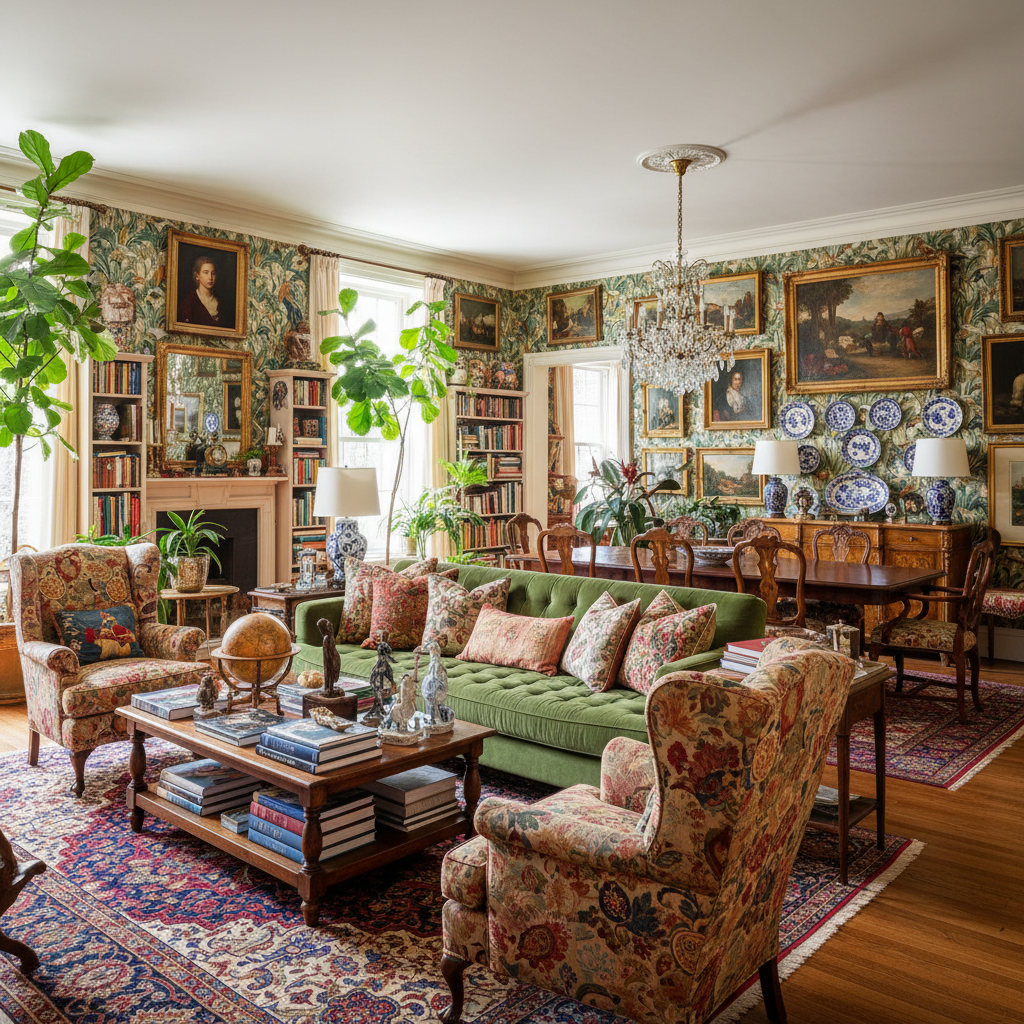 example of maximalist decor in an open-plan living room